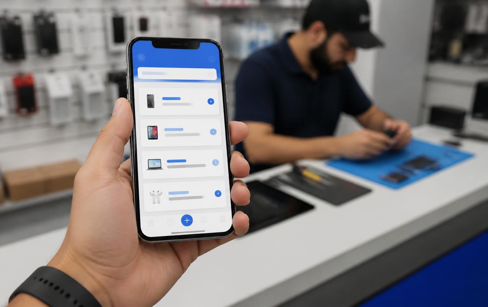 Hand hält ein Smartphone mit einer Geräteübersicht in einer Reparatur-App