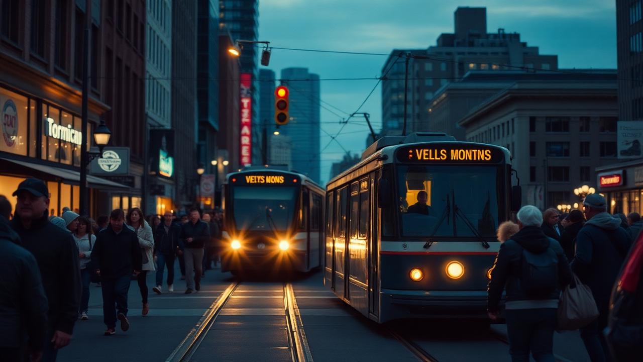 Busy downtown Toronto street at dusk with a streetcar and glowing storefronts