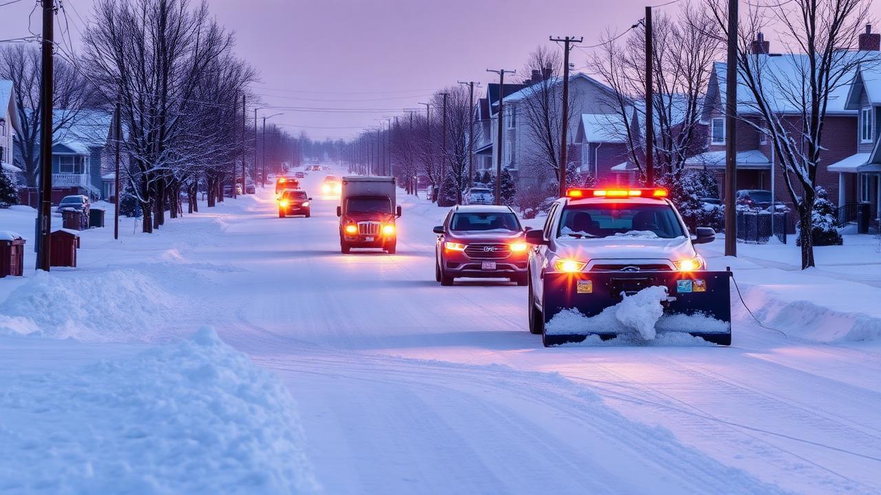Snow plow clearing a suburban street at dawn during heavy snowfall