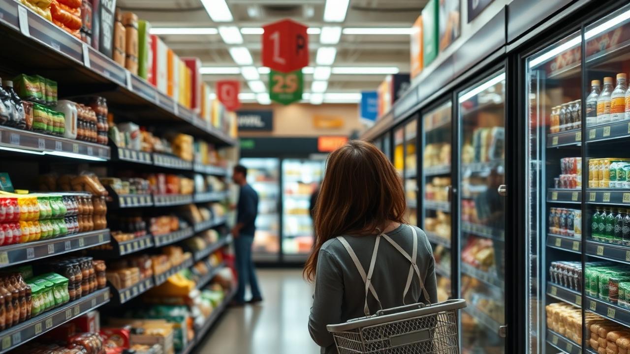Shopper comparing prices in the aisle of a large grocery store