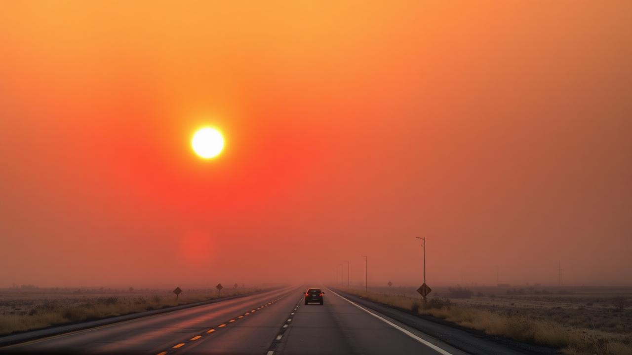 Prairie highway under thick wildfire smoke with an orange sun
