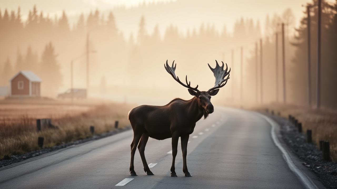 A moose standing on a misty rural road at dawn