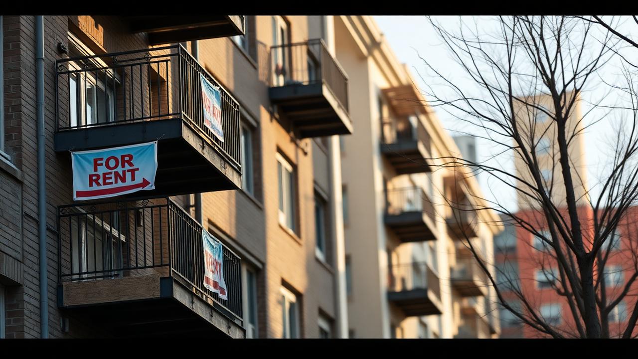 Apartment balconies with For Rent banners on a winter afternoon