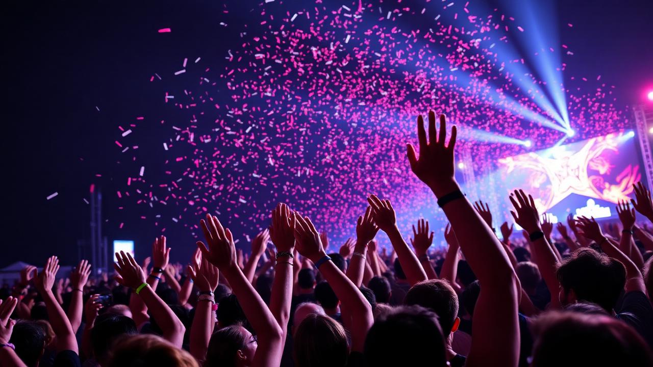Festival crowd with hands in the air under confetti at night