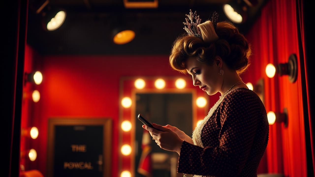 Actress in costume checking her phone backstage under warm lights