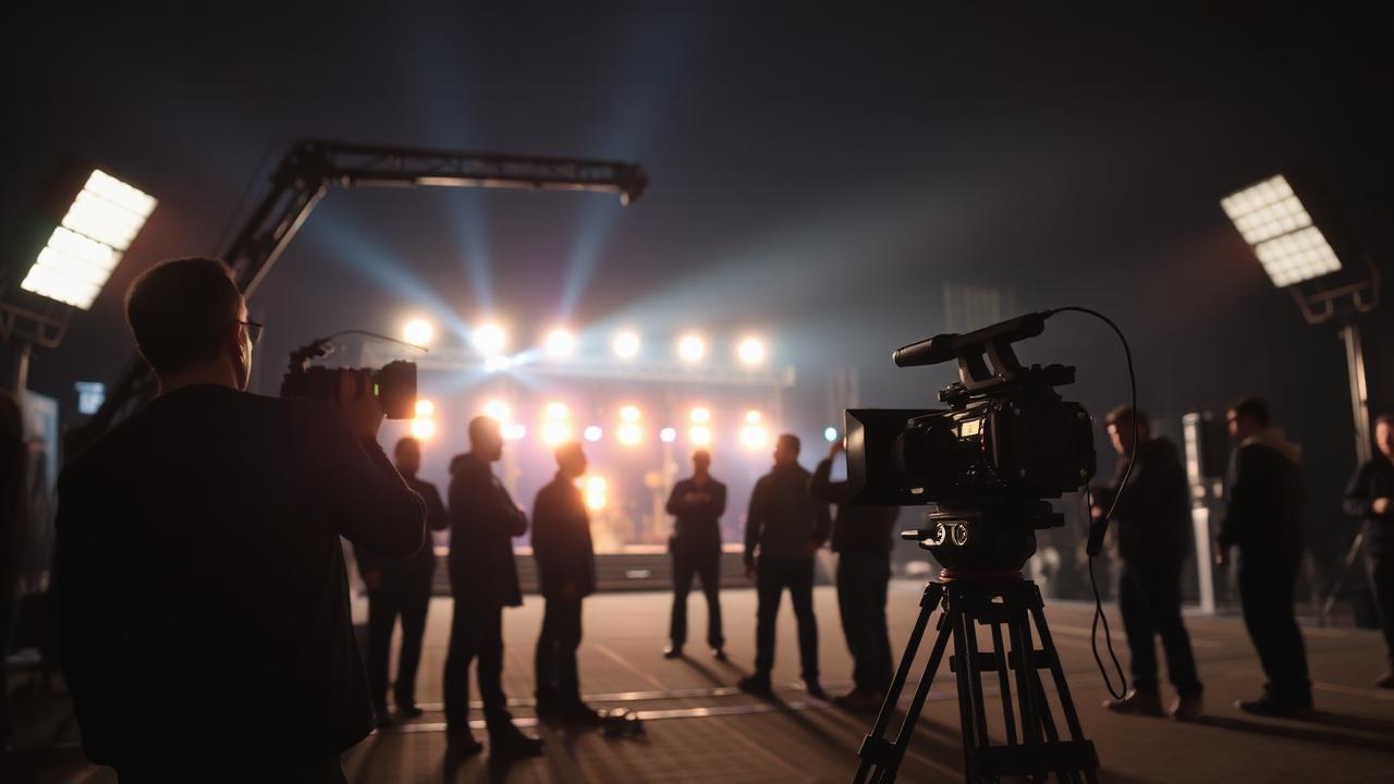 Film crew silhouetted around a camera crane on a night shoot