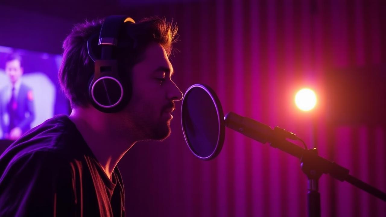 Singer recording vocals in a studio under purple lighting