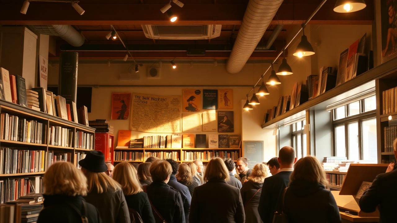Crowd of readers waiting inside an independent bookstore