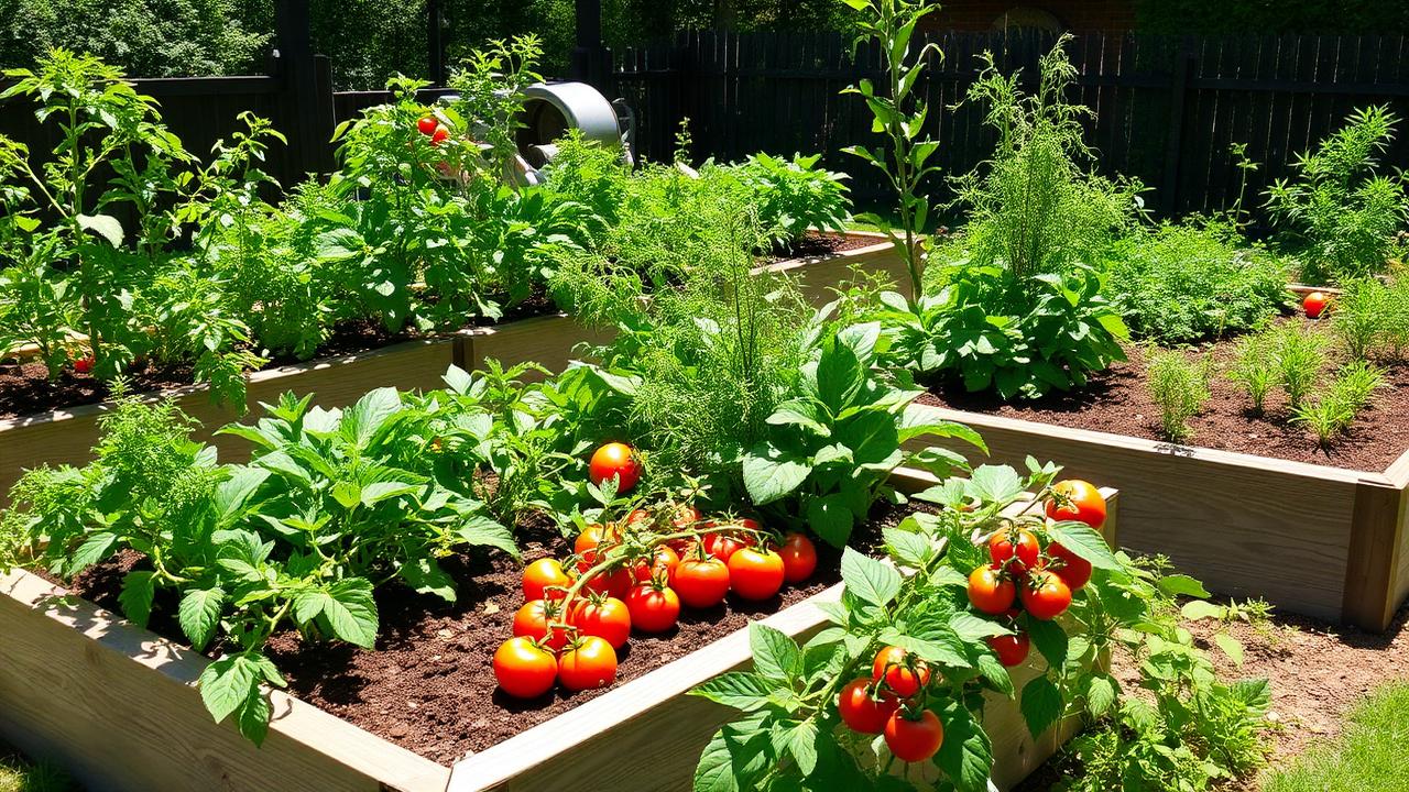 Backyard vegetable garden with raised beds full of tomatoes