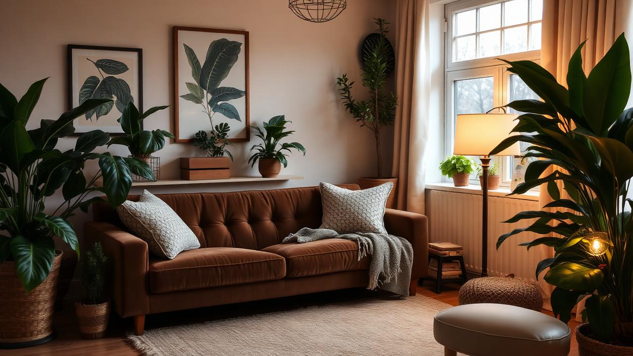 Cozy living room with a velvet sofa, plants and warm lamp light