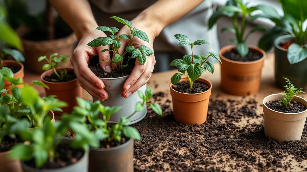Hands repotting small houseplants on a table covered with soil