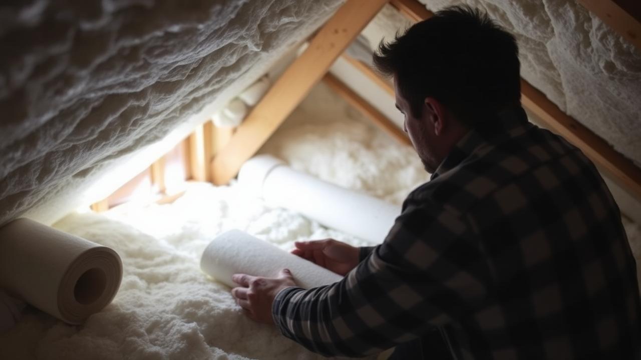 Person laying insulation rolls in an attic