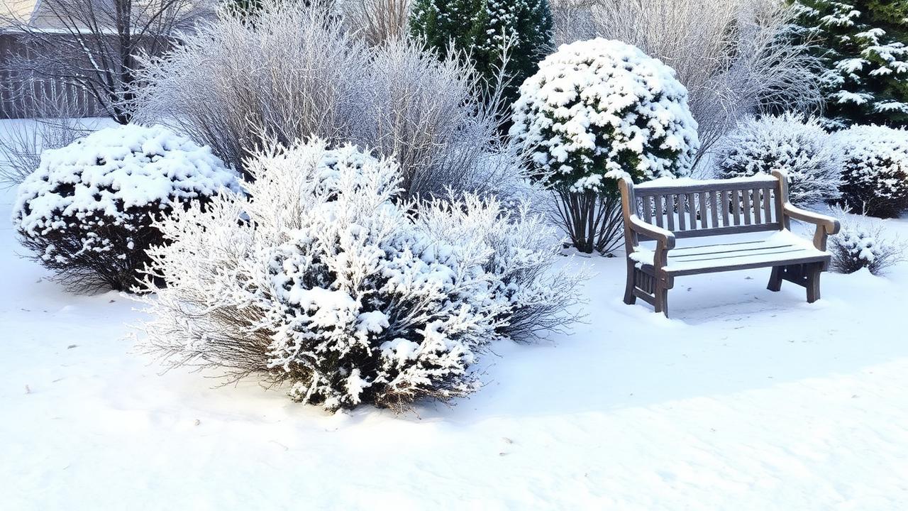 Snow-covered garden with frost-protected shrubs and a wooden bench