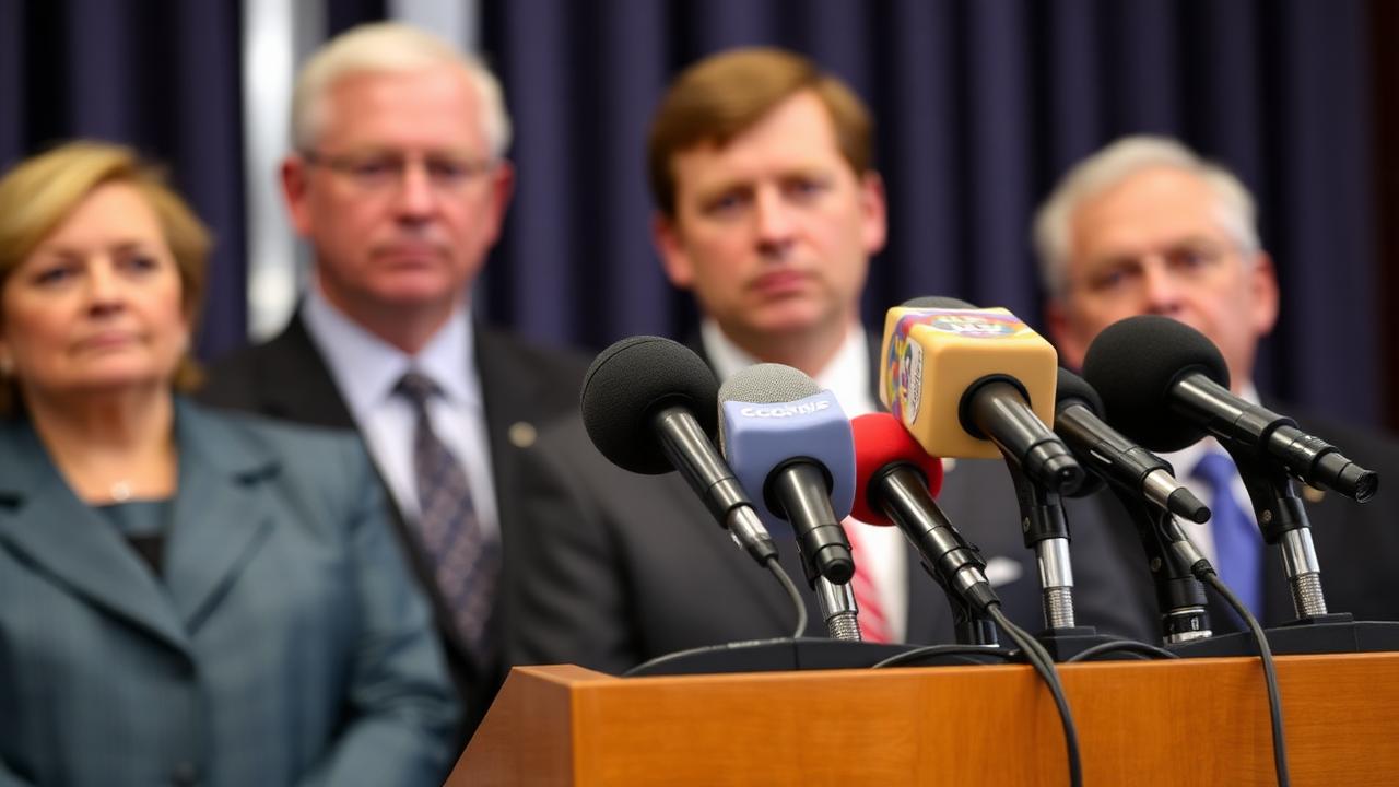 Podium crowded with microphones in front of blurred officials