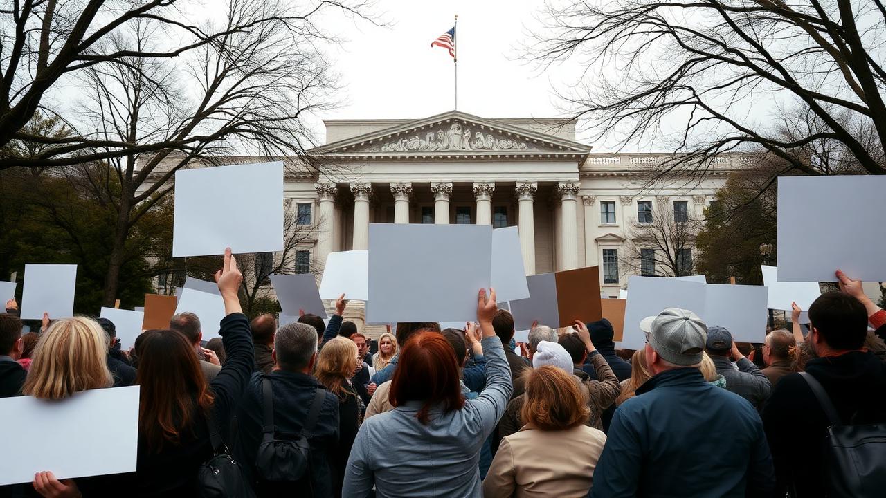 Crowd holding blank placards outside a government building