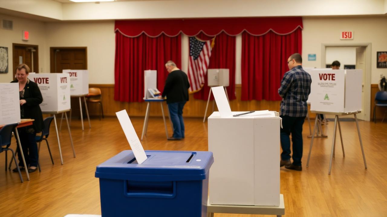 Ballot box and voting booths in a community hall