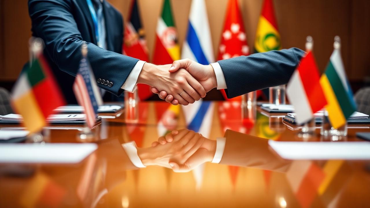 Two officials shaking hands across a conference table with flags