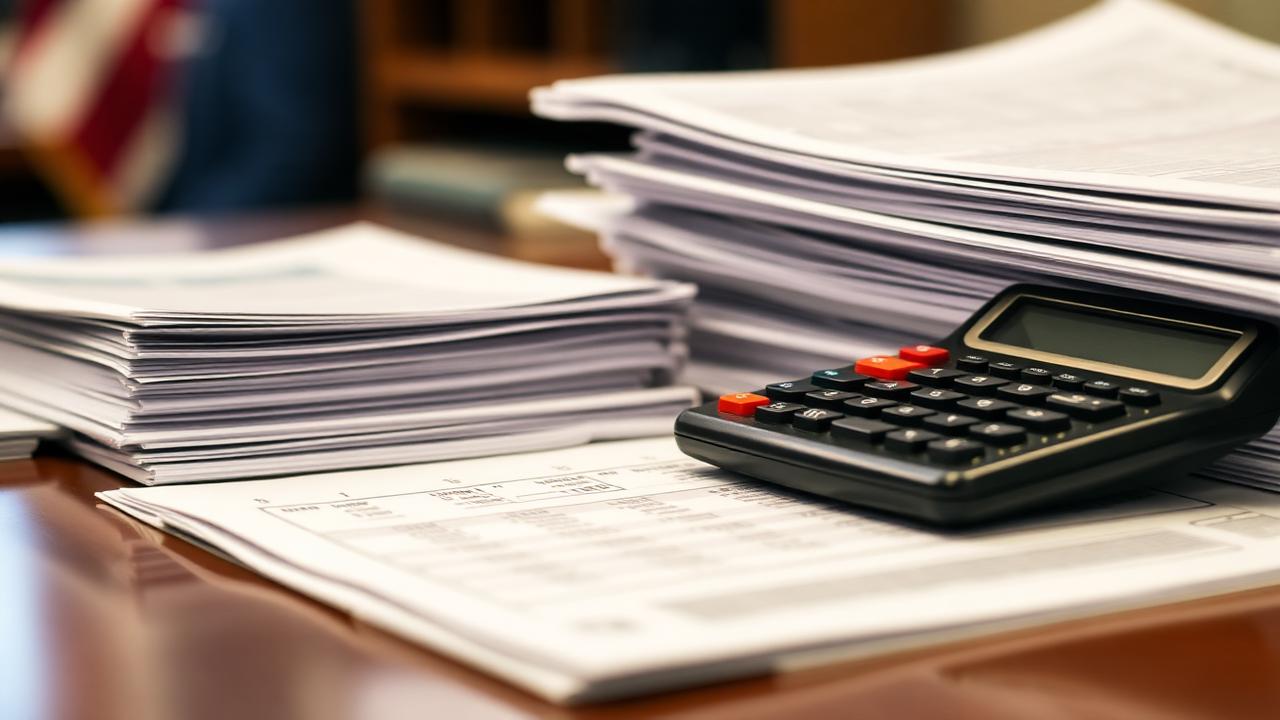 Stacks of budget documents and a calculator on a desk