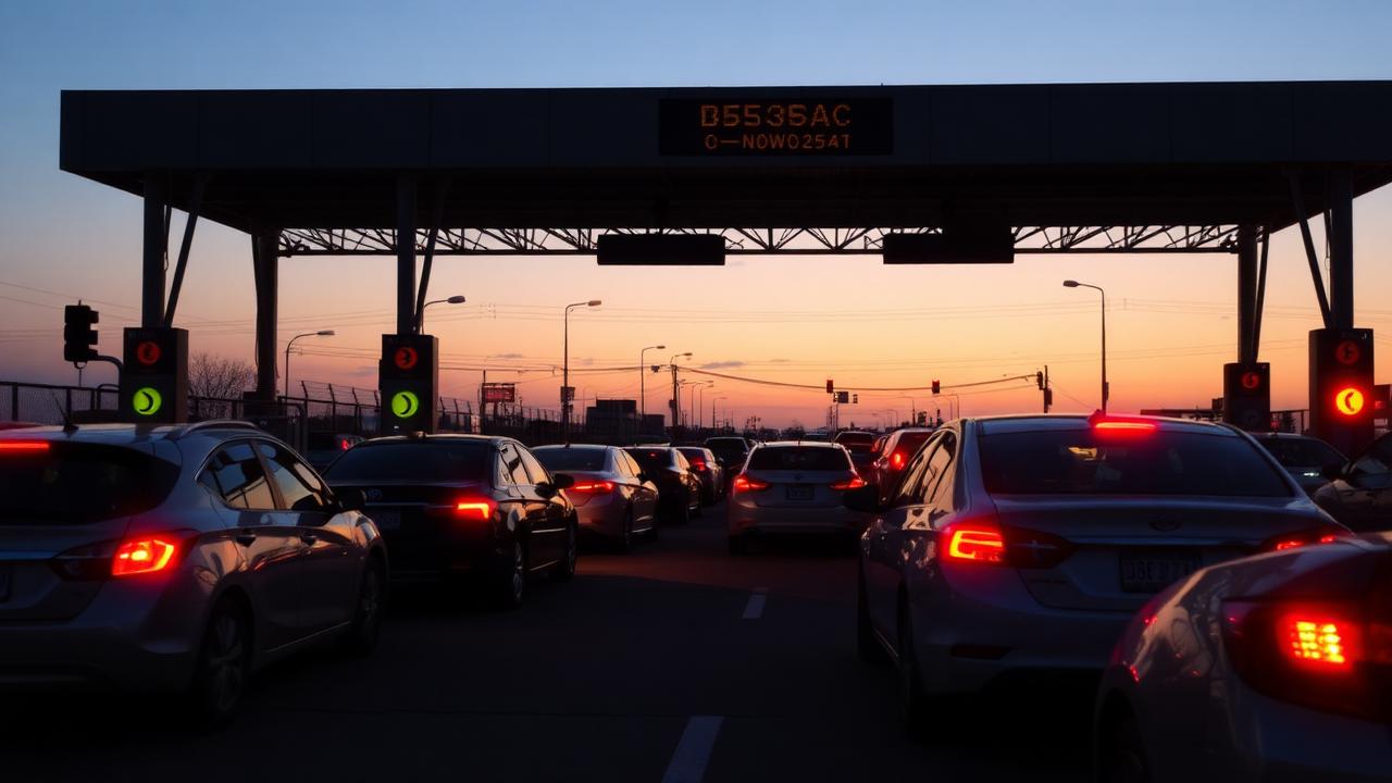 Cars queueing at a border crossing checkpoint at dusk