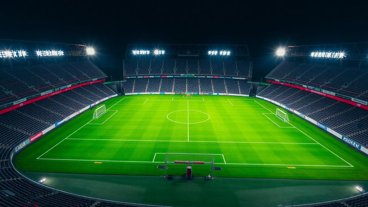Aerial view of a floodlit soccer stadium at night