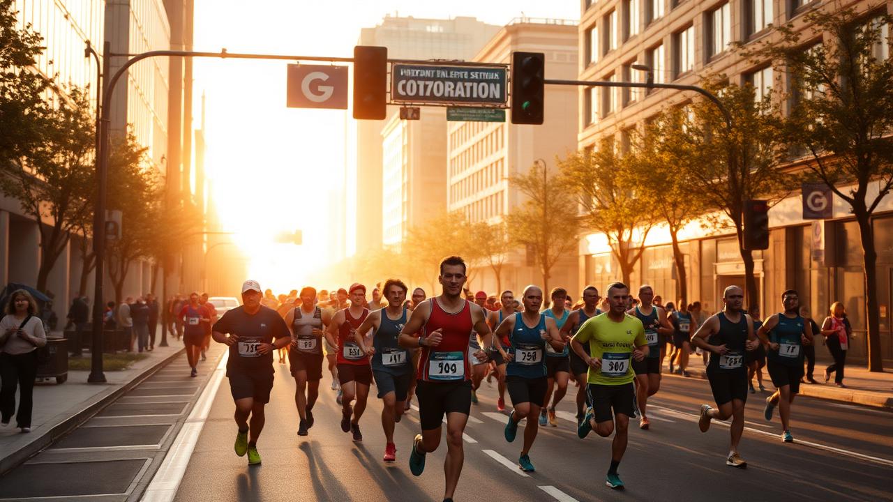 Marathon runners on a city street at sunrise