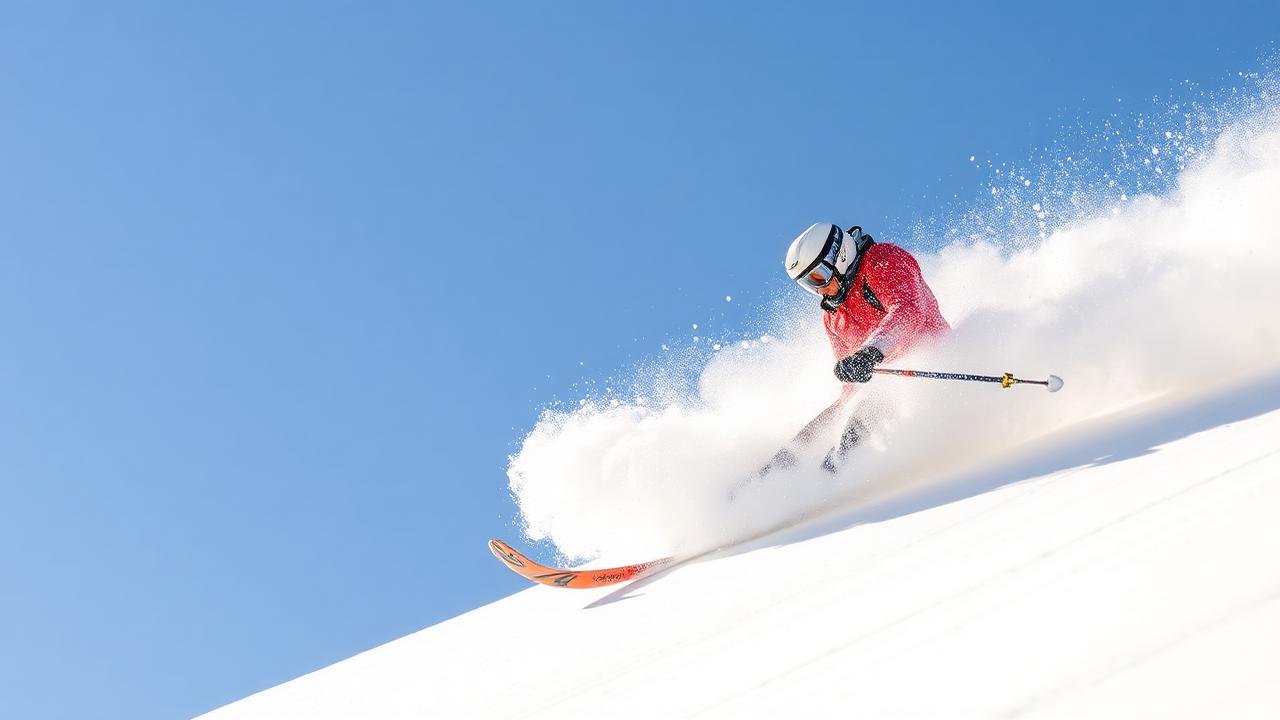 Alpine skier carving through powder snow
