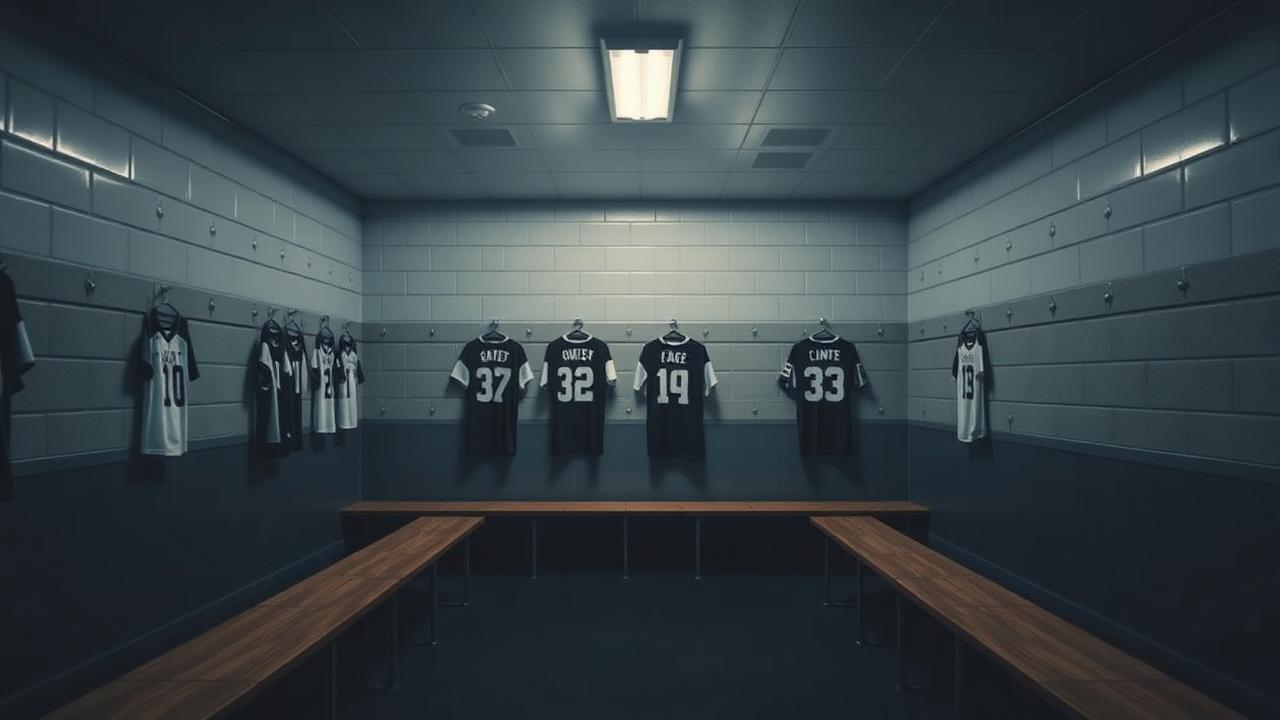 Empty locker room with jerseys hanging above benches