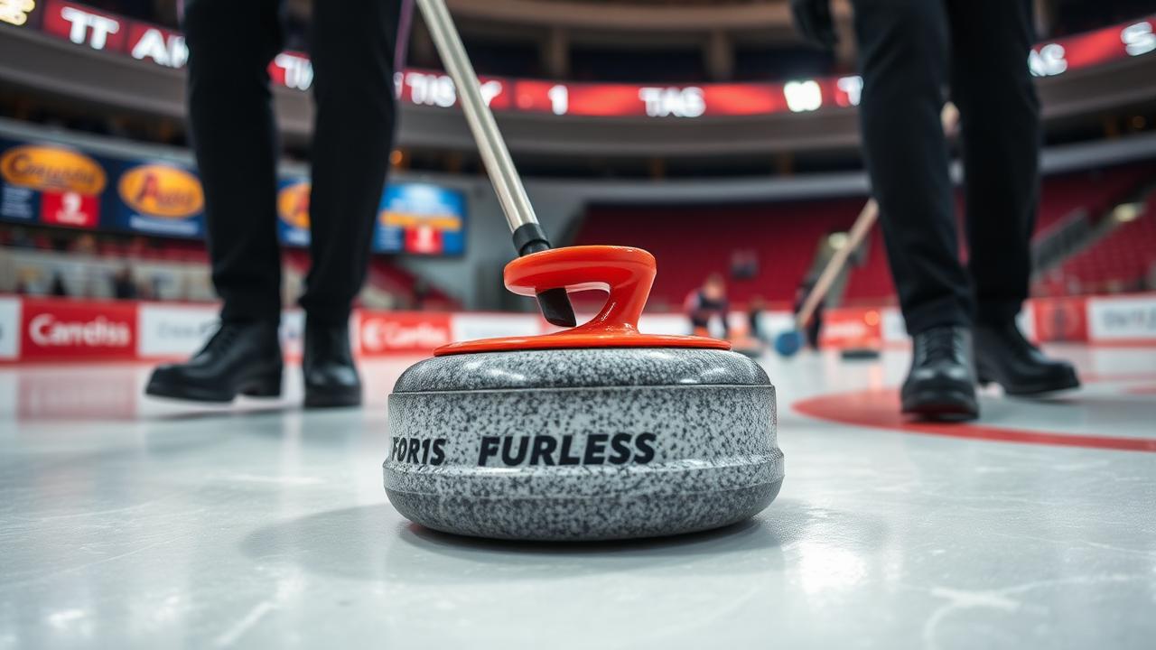 Curling stone sliding on ice with sweepers in an arena