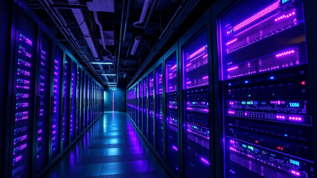 Rows of illuminated server racks in a data centre