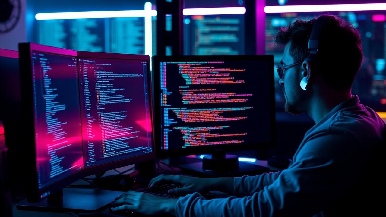 Developer working at night on monitors filled with code