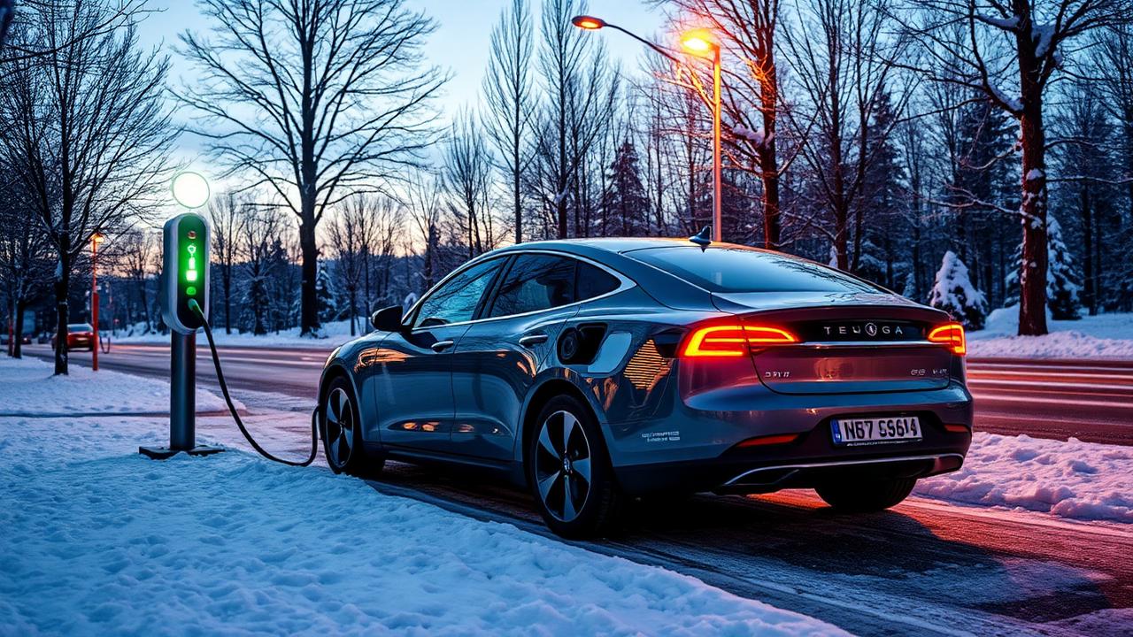 Electric car charging at a snowy roadside station in the evening