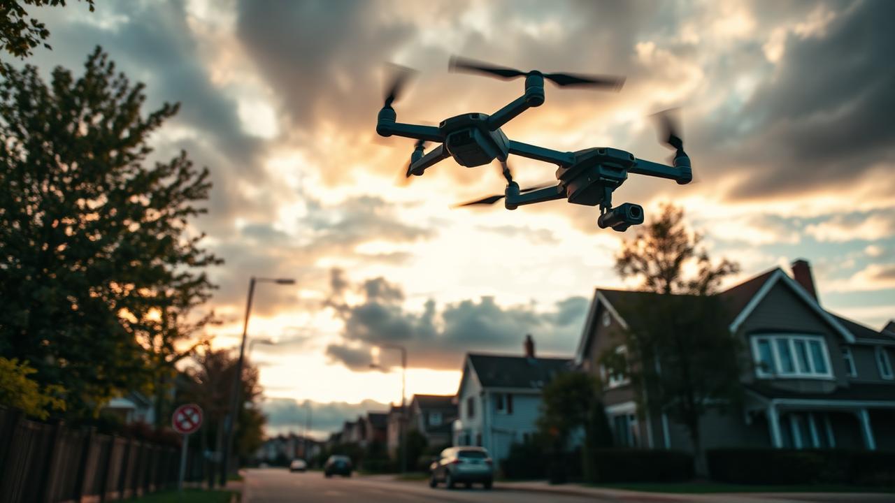 Delivery drone flying above a suburban street at sunset