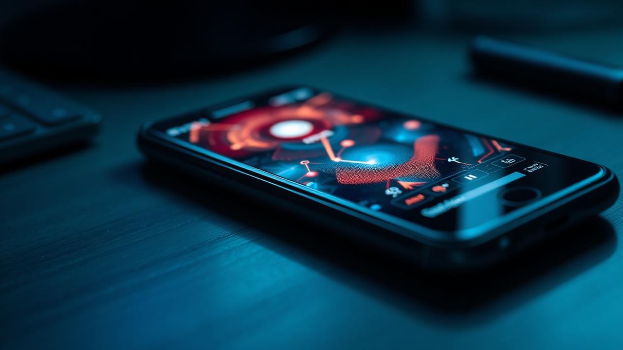 Smartphone on a desk displaying an abstract data interface
