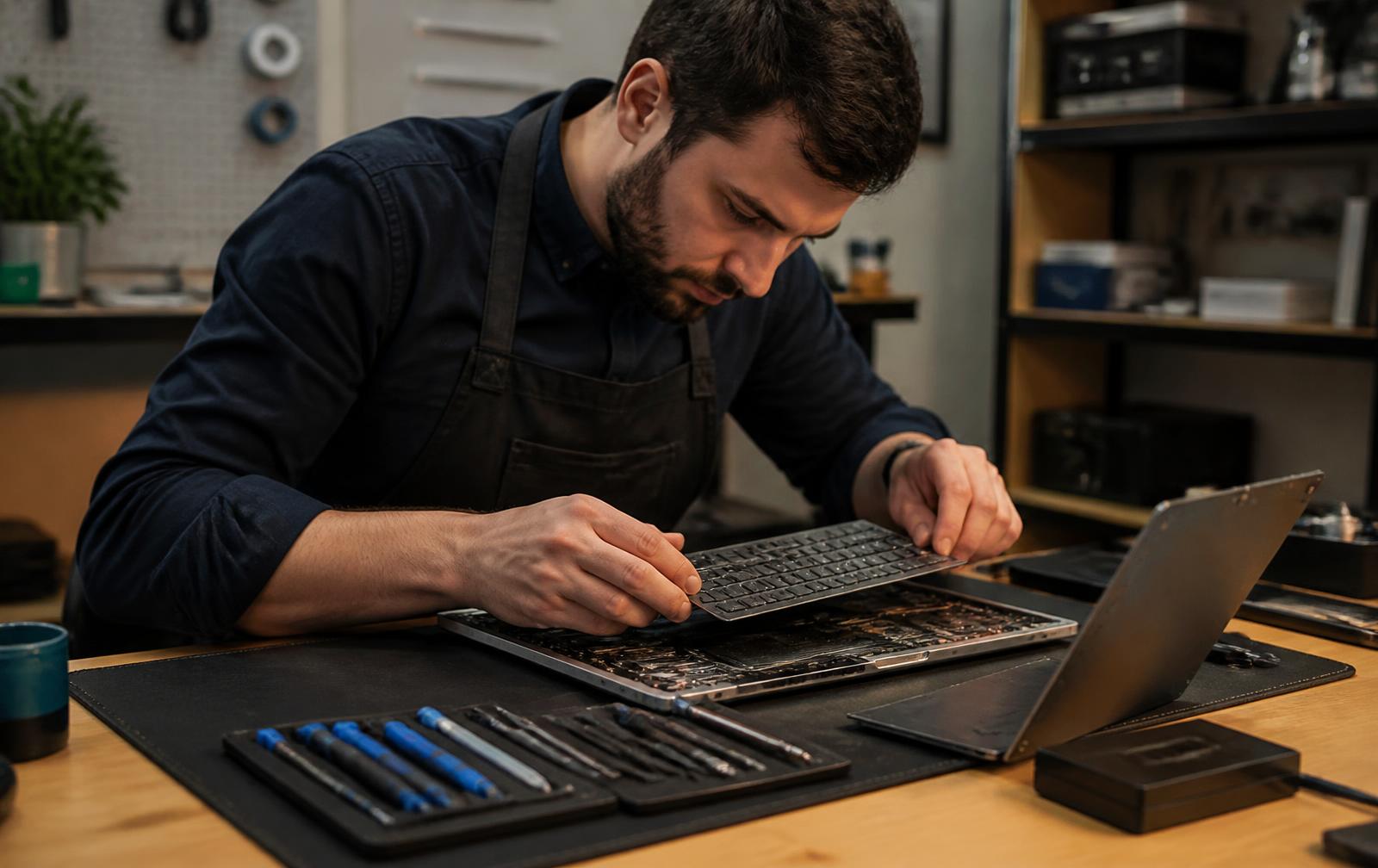 Techniker tauscht an einer Werkbank die Tastatur eines geöffneten Notebooks